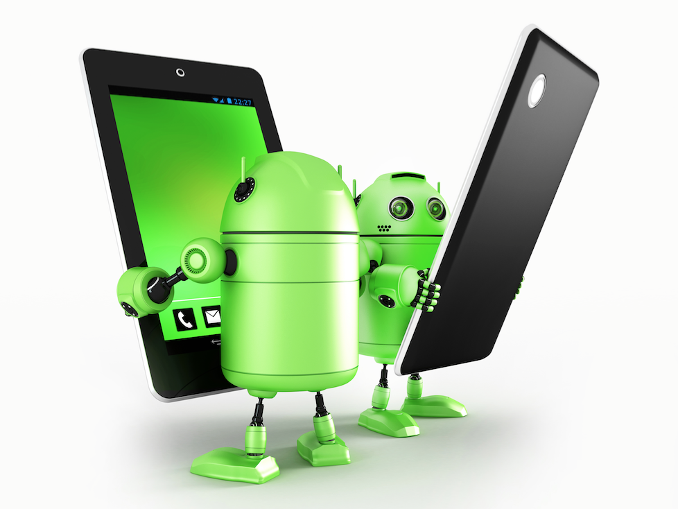 Two android smart phones being held by android robots