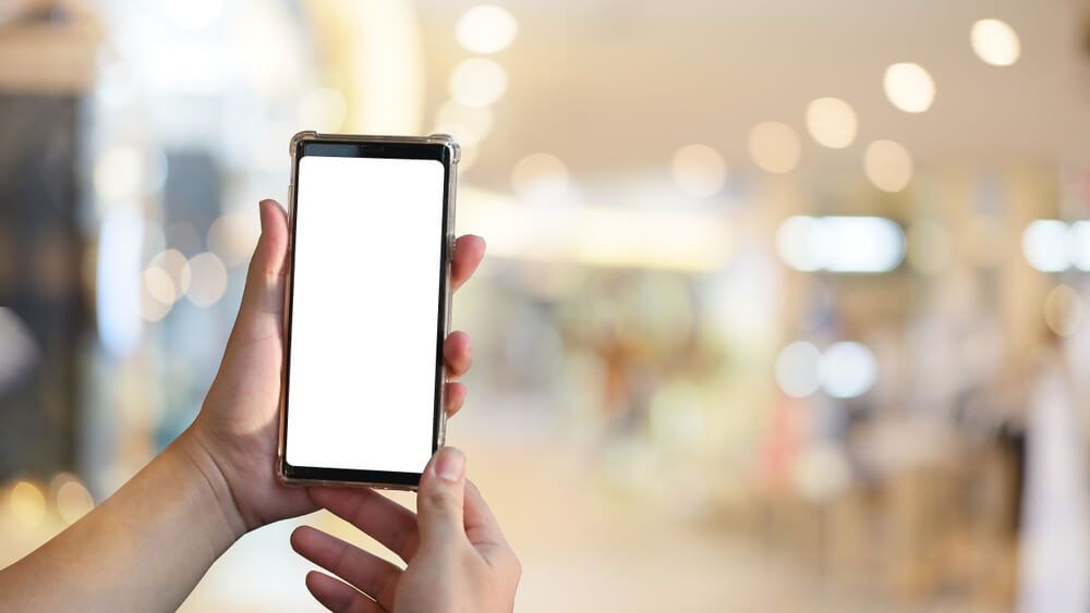 Blank smart phone held in hands with a blurry background