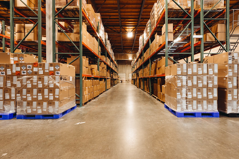 Interior of a warehouse with pallets of boxed goods